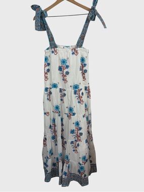 Victoria Dunn White Blue Red Floral Block Print Maxi Dress Size XS